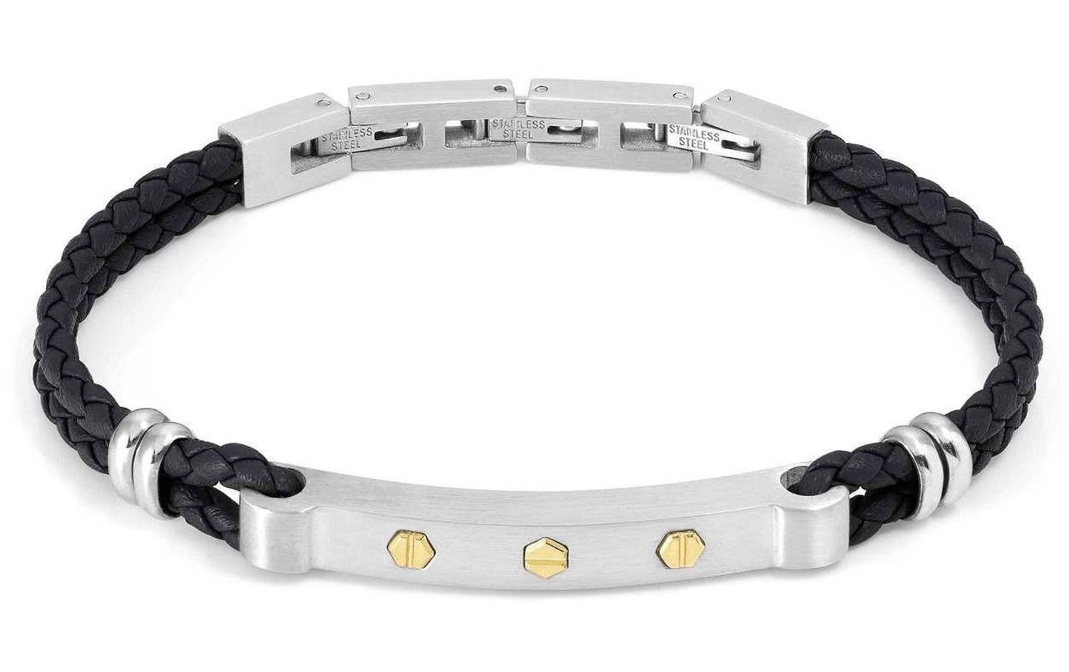 Bransoletka męska Nomination Italy Manvision czarna skórzana ze złotymi śrubkami 133003 001.  Bransoletka z czarnej skóry i stali szlachetnej z eleganckimi detalami w złotym kolorze. Bezpieczne zapięcie na zatrzask ze srebrn.jpg